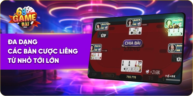 Đa dạng các bàn cược liêng 68 game bài từ nhỏ tới lớn